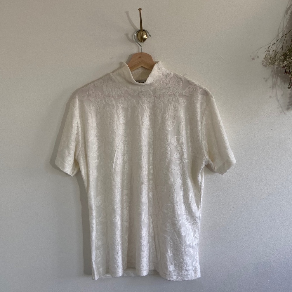 Vintage Tee; White Floral Textured Mock Neck Top